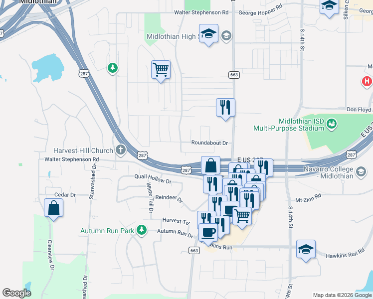 map of restaurants, bars, coffee shops, grocery stores, and more near 429 Blake Ln in Midlothian