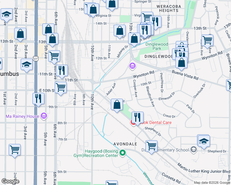 map of restaurants, bars, coffee shops, grocery stores, and more near 10 Adair Court in Columbus