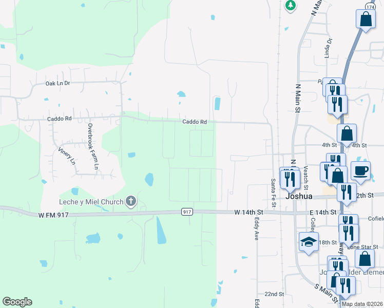 map of restaurants, bars, coffee shops, grocery stores, and more near 158 Caddo Road in Joshua