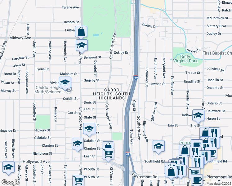 map of restaurants, bars, coffee shops, grocery stores, and more near 1351 Summers Street in Shreveport
