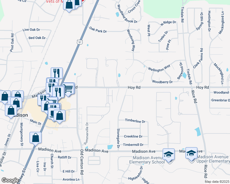 map of restaurants, bars, coffee shops, grocery stores, and more near 17 Peppermill Drive in Madison