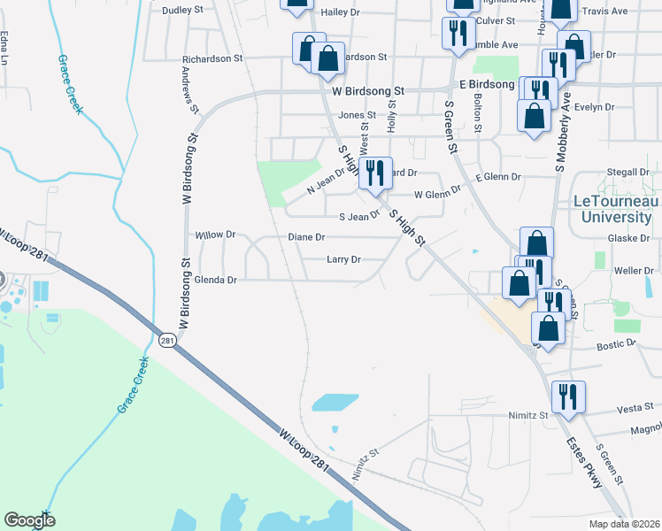 map of restaurants, bars, coffee shops, grocery stores, and more near 420 Larry Drive in Longview