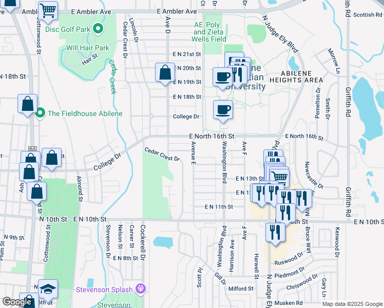map of restaurants, bars, coffee shops, grocery stores, and more near 693 East North 15th Street in Abilene