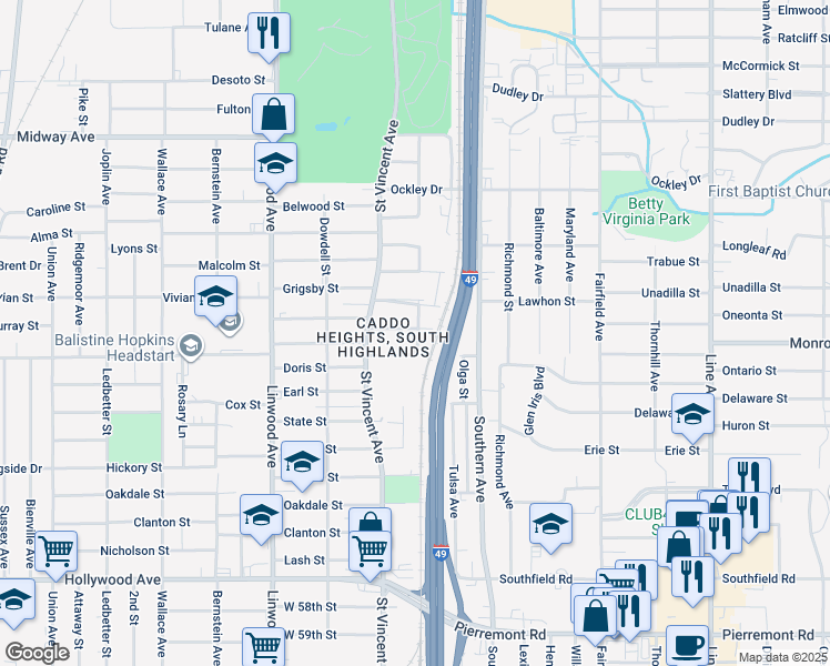map of restaurants, bars, coffee shops, grocery stores, and more near 1335 Summers Street in Shreveport