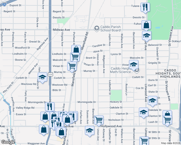 map of restaurants, bars, coffee shops, grocery stores, and more near 2023 Murray Street in Shreveport