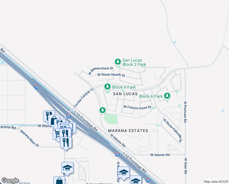 map of restaurants, bars, coffee shops, grocery stores, and more near 11471 West Anasazi Passage Street in Marana