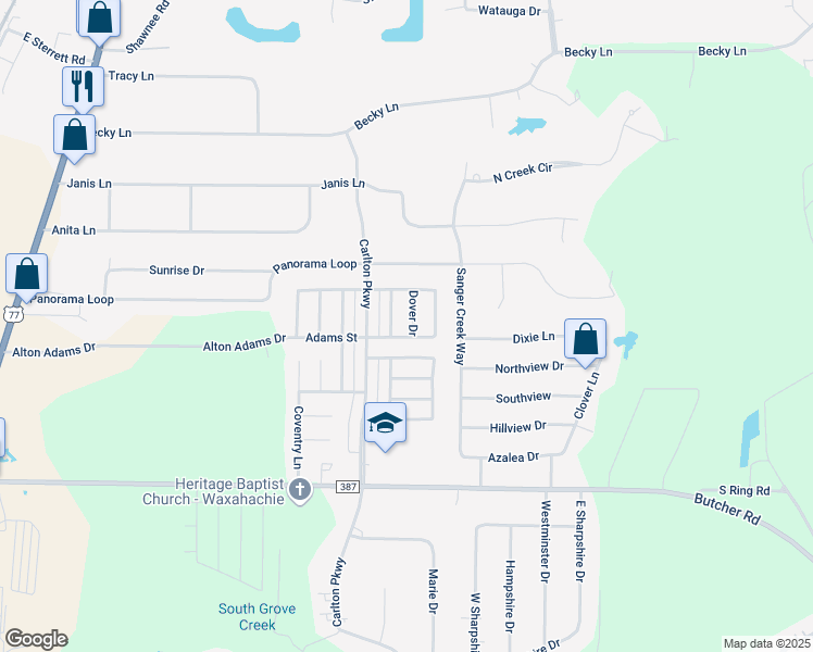 map of restaurants, bars, coffee shops, grocery stores, and more near 103 Dover Drive in Waxahachie