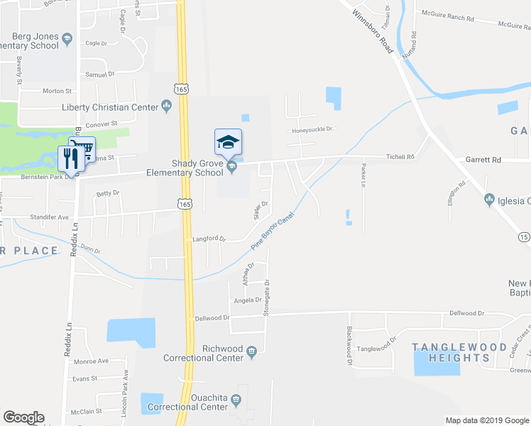 map of restaurants, bars, coffee shops, grocery stores, and more near 46 Langford Drive in Monroe