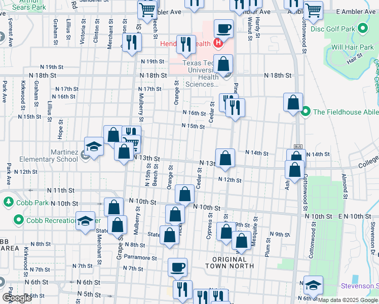 map of restaurants, bars, coffee shops, grocery stores, and more near 1325 Hickory Street in Abilene
