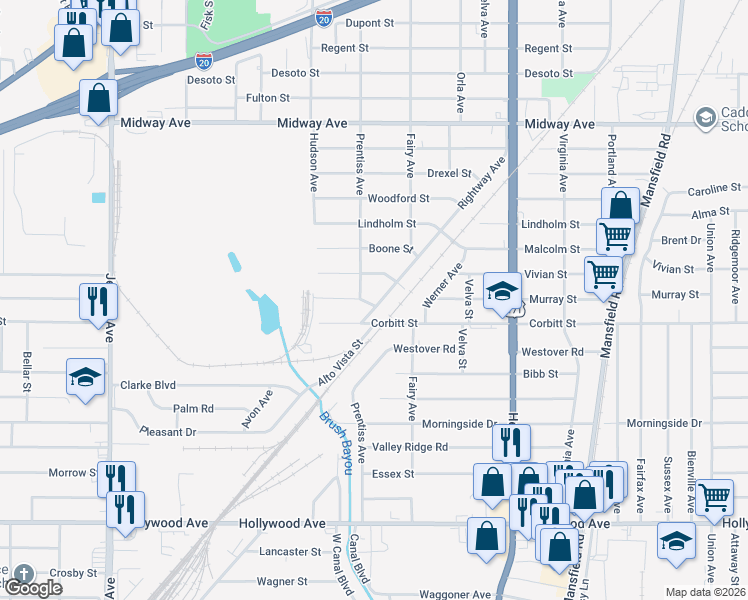 map of restaurants, bars, coffee shops, grocery stores, and more near 4932 Rightway Avenue in Shreveport