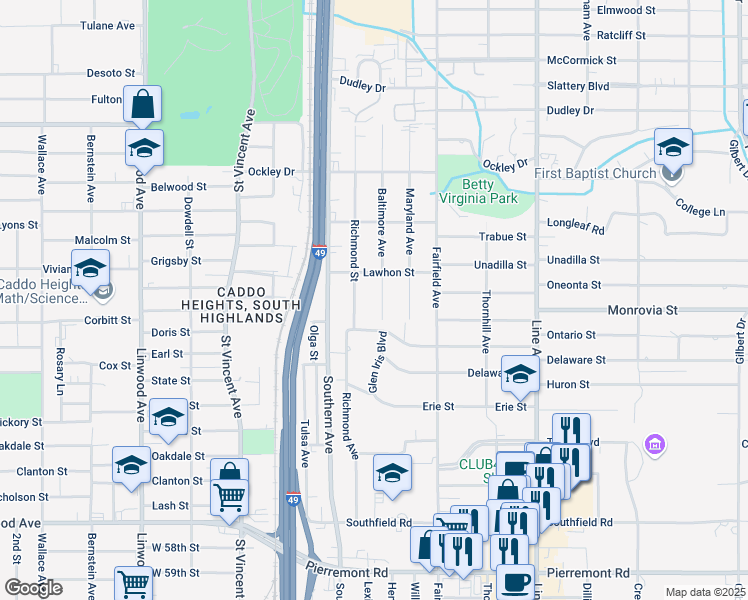 map of restaurants, bars, coffee shops, grocery stores, and more near 4136 Baltimore Ave in Shreveport