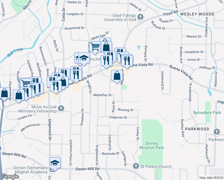 map of restaurants, bars, coffee shops, grocery stores, and more near 913 Lake Rushin Drive in Columbus