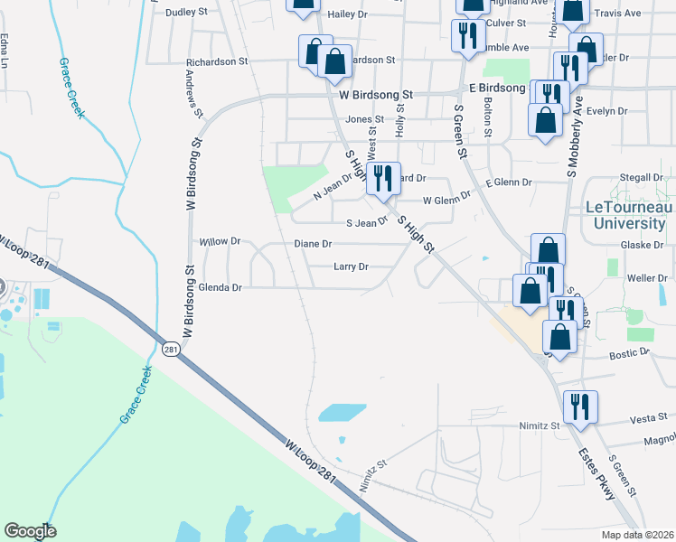map of restaurants, bars, coffee shops, grocery stores, and more near 420 Larry Drive in Longview