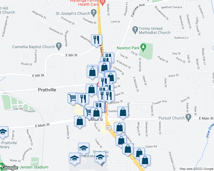 map of restaurants, bars, coffee shops, grocery stores, and more near 115 S Memorial Dr in Prattville