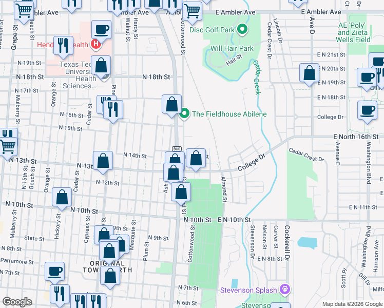 map of restaurants, bars, coffee shops, grocery stores, and more near 302 North 14th Street in Abilene