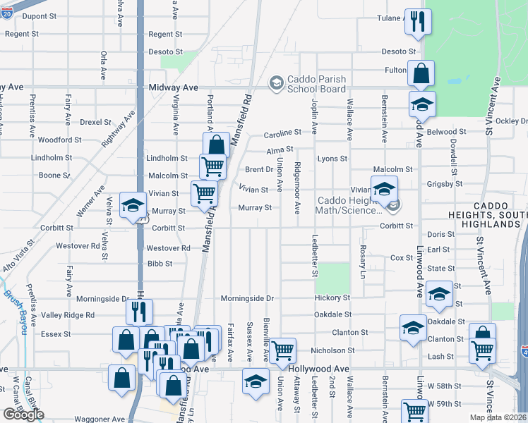map of restaurants, bars, coffee shops, grocery stores, and more near 2023 Murray Street in Shreveport