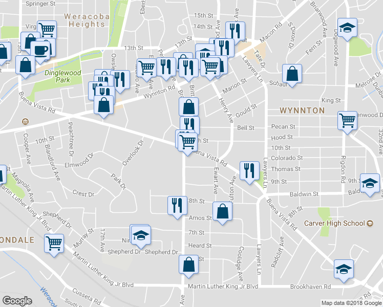 map of restaurants, bars, coffee shops, grocery stores, and more near 2122 Buena Vista Road in Columbus