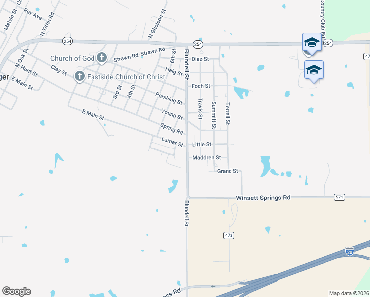 map of restaurants, bars, coffee shops, grocery stores, and more near 214 Ranch Road 571 in Ranger