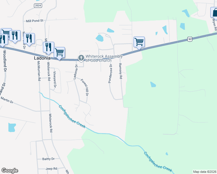 map of restaurants, bars, coffee shops, grocery stores, and more near 26 Ponderosa Dr in Phenix City
