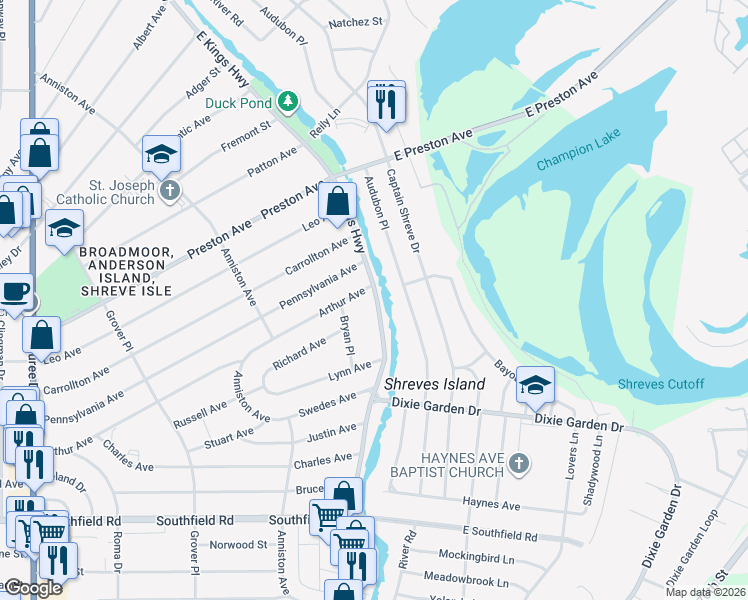 map of restaurants, bars, coffee shops, grocery stores, and more near 107 Arthur Avenue in Shreveport