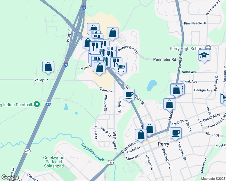 map of restaurants, bars, coffee shops, grocery stores, and more near 1339 Wf Ragin Drive in Perry