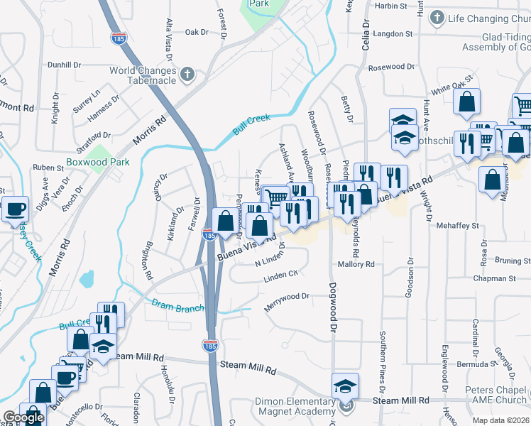 map of restaurants, bars, coffee shops, grocery stores, and more near 4105 Buena Vista Road in Columbus