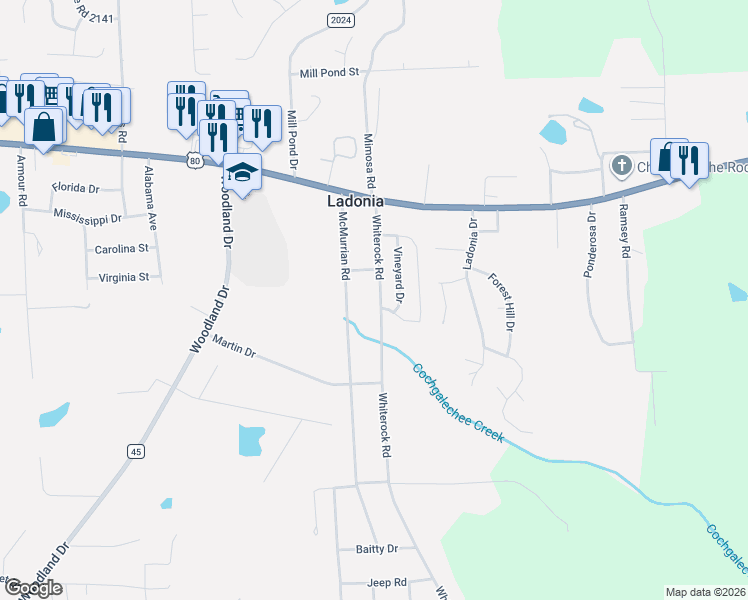 map of restaurants, bars, coffee shops, grocery stores, and more near 24 Whiterock Road in Phenix City