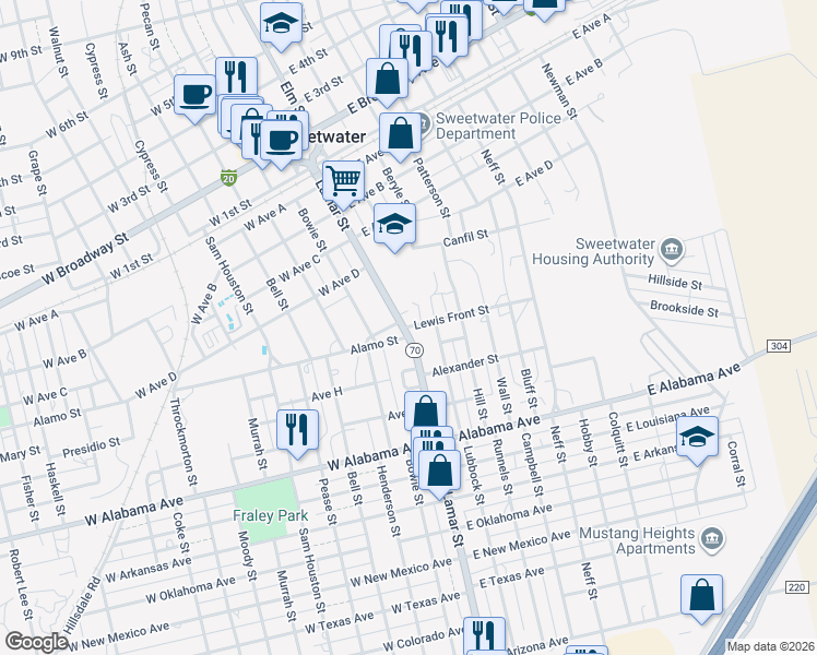 map of restaurants, bars, coffee shops, grocery stores, and more near 515 Lamar Street in Sweetwater