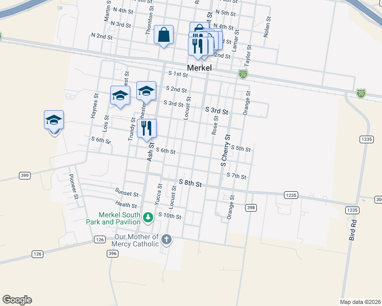 map of restaurants, bars, coffee shops, grocery stores, and more near 1109 South 6th Street in Merkel