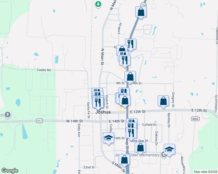 map of restaurants, bars, coffee shops, grocery stores, and more near 311 Veatch Street in Joshua
