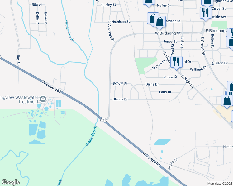 map of restaurants, bars, coffee shops, grocery stores, and more near 709 South Budd Place in Longview