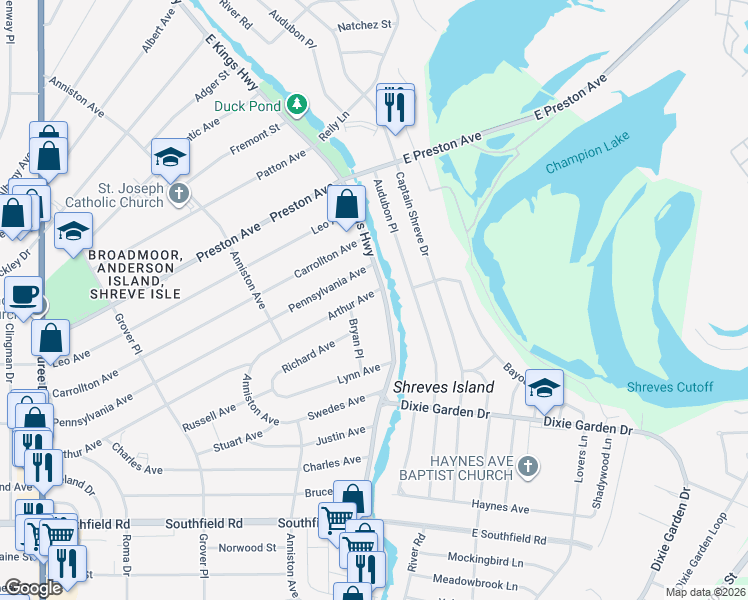 map of restaurants, bars, coffee shops, grocery stores, and more near 107 Arthur Avenue in Shreveport
