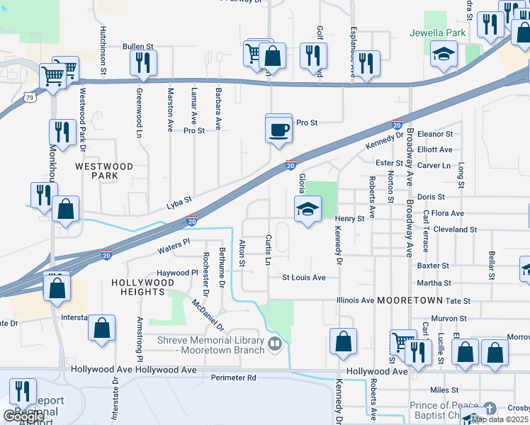 map of restaurants, bars, coffee shops, grocery stores, and more near 4368 Henry St in Shreveport