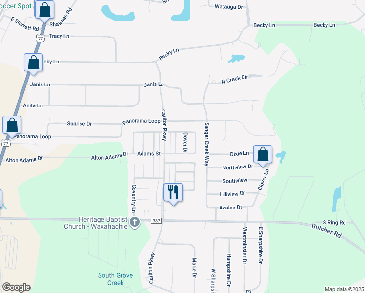 map of restaurants, bars, coffee shops, grocery stores, and more near 105 Dover Drive in Waxahachie