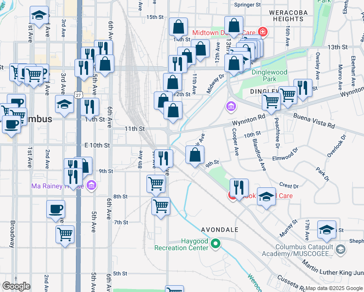 map of restaurants, bars, coffee shops, grocery stores, and more near 1021 Adair Avenue in Columbus