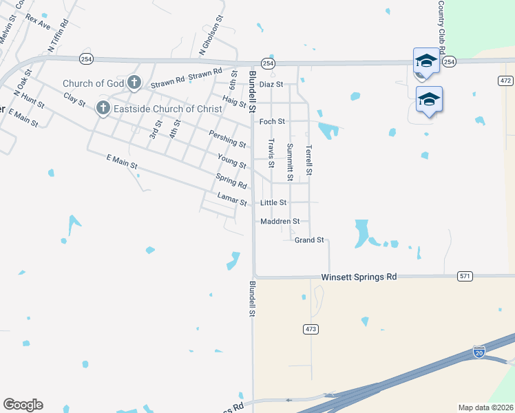 map of restaurants, bars, coffee shops, grocery stores, and more near 214 Ranch Road 571 in Ranger