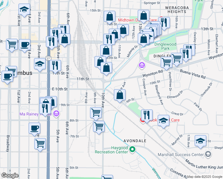 map of restaurants, bars, coffee shops, grocery stores, and more near 1021 Adair Avenue in Columbus
