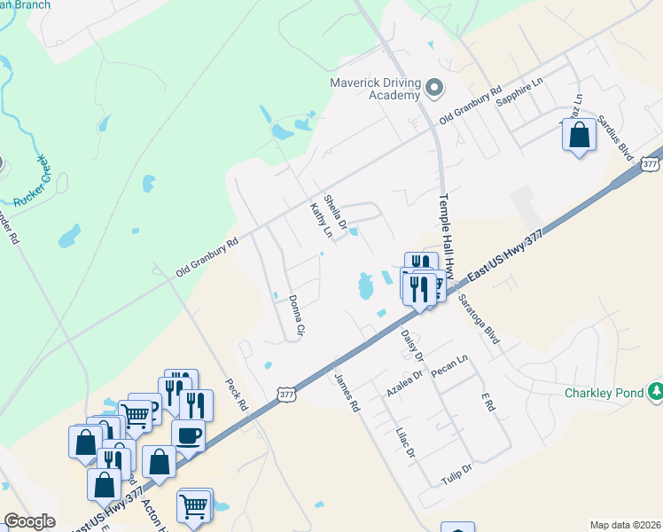 map of restaurants, bars, coffee shops, grocery stores, and more near 4402 Logan Circle in Granbury
