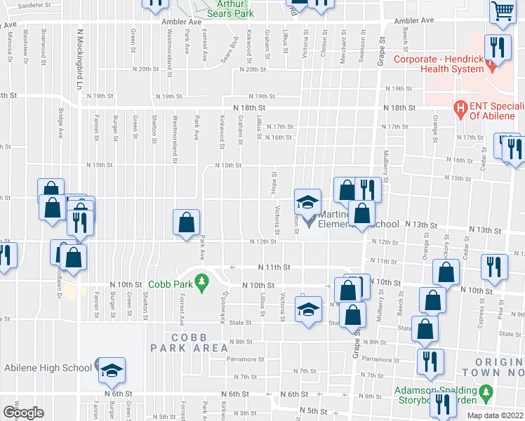 map of restaurants, bars, coffee shops, grocery stores, and more near 1325 Lillius Street in Abilene
