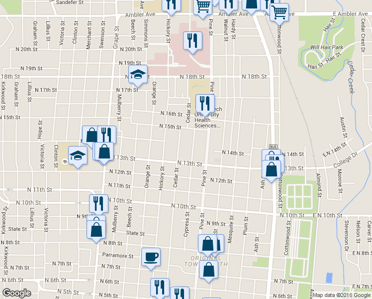 map of restaurants, bars, coffee shops, grocery stores, and more near 1350 Cypress Street in Abilene
