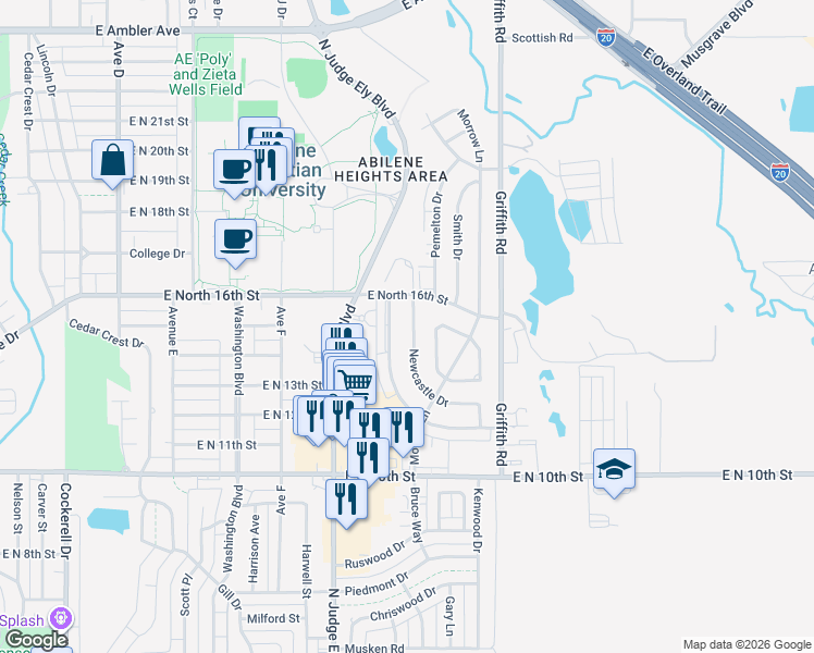 map of restaurants, bars, coffee shops, grocery stores, and more near 1502 Newcastle Drive in Abilene