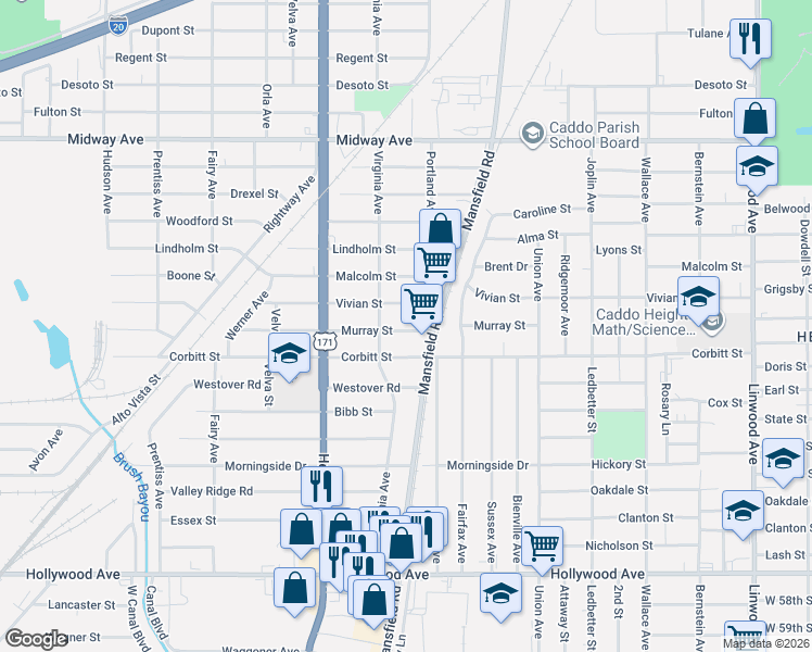 map of restaurants, bars, coffee shops, grocery stores, and more near 2508 Murray Street in Shreveport
