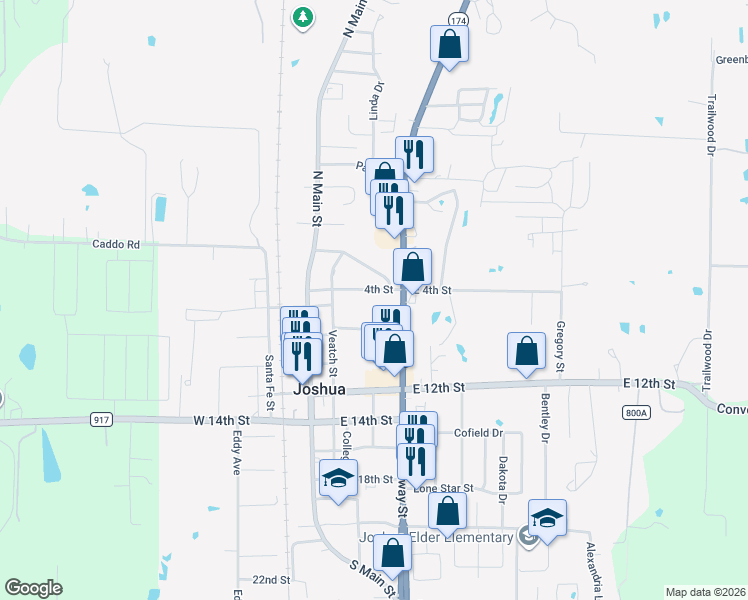 map of restaurants, bars, coffee shops, grocery stores, and more near 216 4th St in Joshua