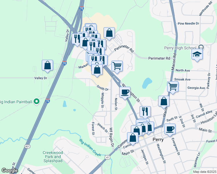 map of restaurants, bars, coffee shops, grocery stores, and more near 1339 Wf Ragin Drive in Perry