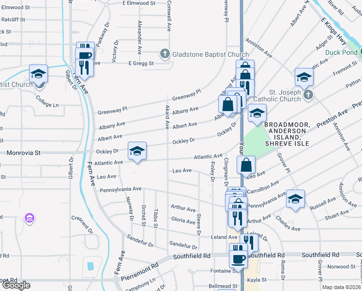 map of restaurants, bars, coffee shops, grocery stores, and more near 381 Ockley Drive in Shreveport