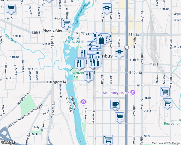 map of restaurants, bars, coffee shops, grocery stores, and more near 18 West 10th Street in Columbus