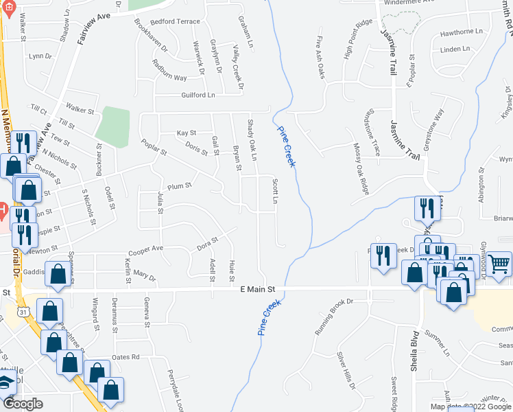 map of restaurants, bars, coffee shops, grocery stores, and more near 136 Shady Oak Lane in Prattville