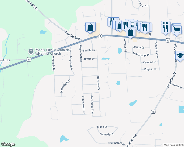 map of restaurants, bars, coffee shops, grocery stores, and more near 46 Campfire Street in Phenix City