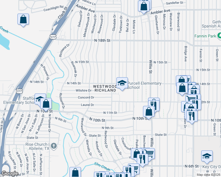 map of restaurants, bars, coffee shops, grocery stores, and more near 3701 Wilshire Drive in Abilene