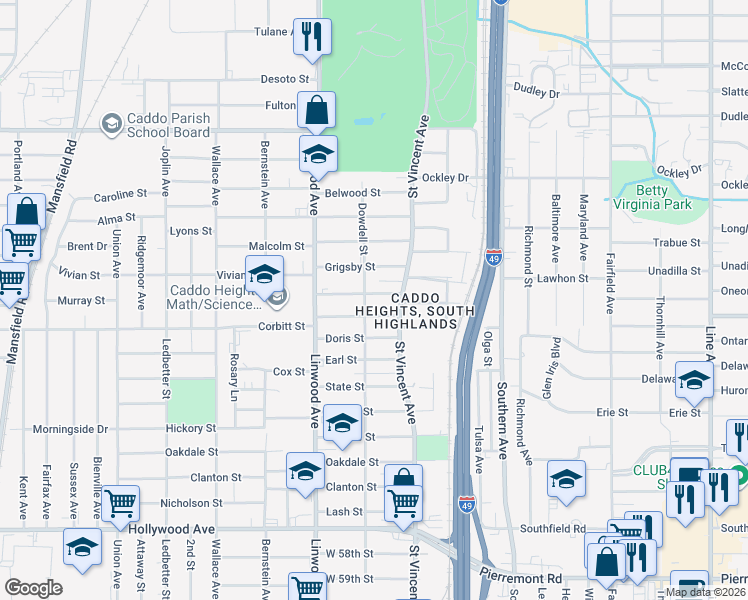 map of restaurants, bars, coffee shops, grocery stores, and more near 1444 Clover Street in Shreveport